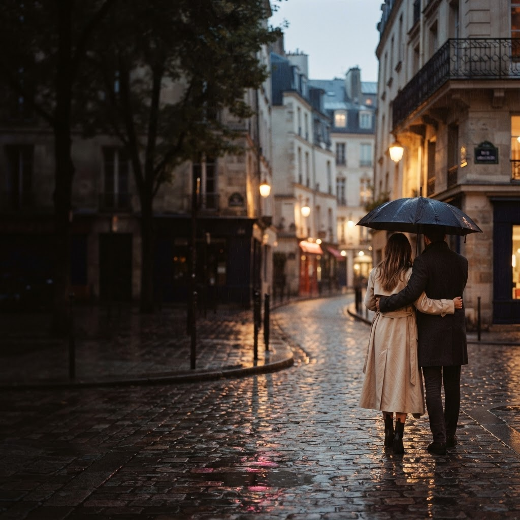 A couple sharing an umbrella on a quiet, rain-soaked street